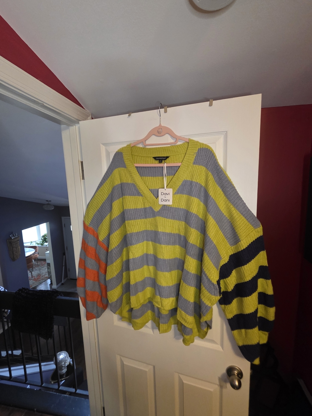 DAVI & DANI Striped V-Neck Sweater in Yellow, Gray, Orange, Black